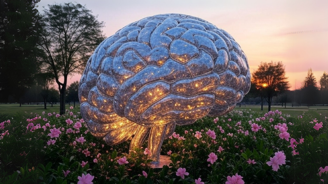 Glowing brain sculpture in garden at sunset. Emphasising the Vital Role of Mental Health in Dentistry. Setting the Tone for 2025