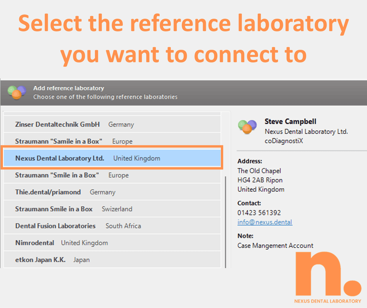 Select and connect to a reference laboratory.