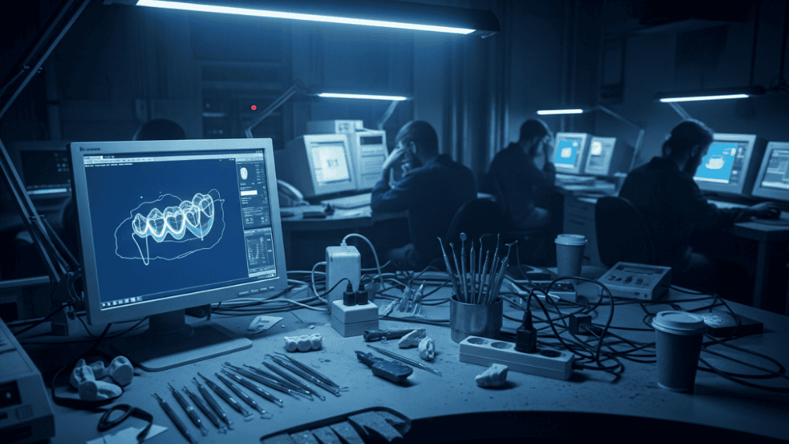 Dental lab with computers and tools on desk.