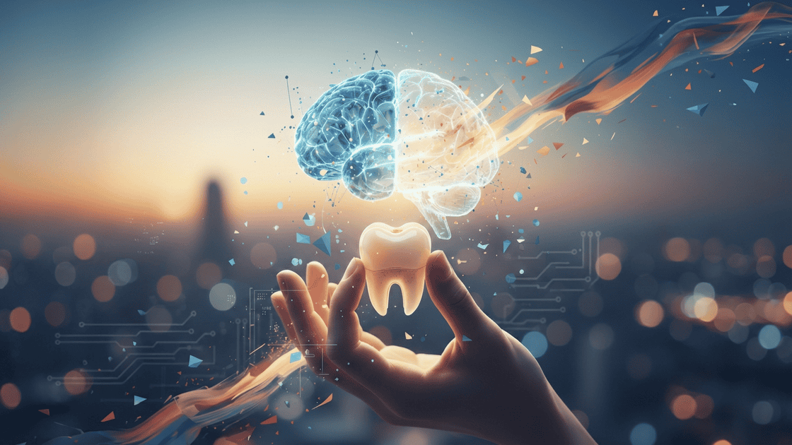 Hand holding tooth with digital brain above