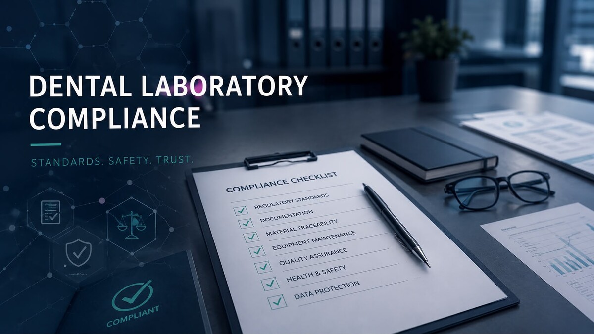 Dental laboratory compliance checklist on a clipboard, with regulatory standards, documentation, material traceability, equipment maintenance, quality assurance, health and safety and data protection all ticked.