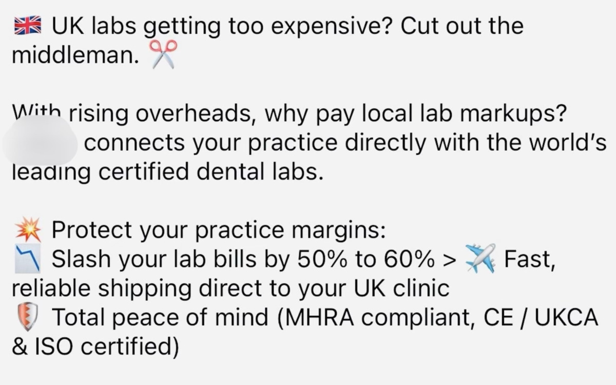 Screenshot of an online advert offering UK dental practices overseas laboratory work at 50 to 60 per cent off, claiming MHRA compliance and CE, UKCA and ISO certification. The platform name is redacted.